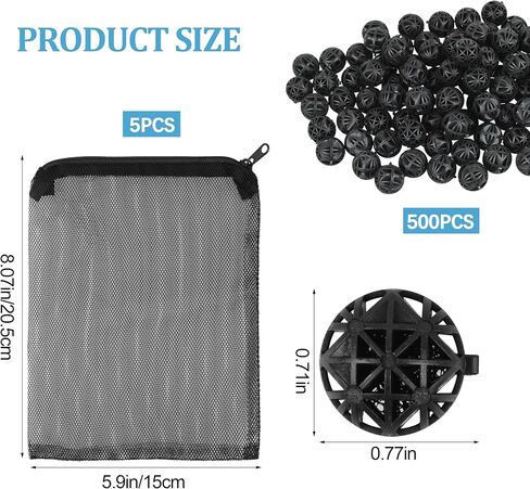 500 Pieces Black Bio Balls 1.02 Inch Internal Bioballs Filter Media for Aquarium Filter Pond Filter with 5 Pieces Aquarium Filter Media Bags Mesh Bags with Zipper in Kuwait