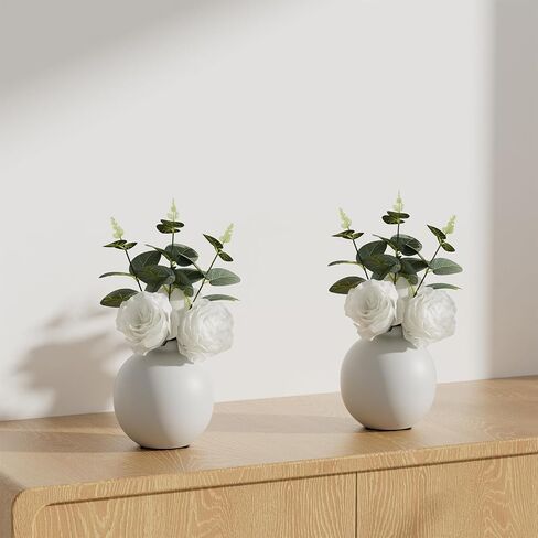 Artificial Flowers with Ceramic vase Set of 2, Combination of six White Roses and Greenery, Small Plant Potted Decor for Offices, Bookshelf, Bedroom, Living Room, Party, Wedding Decorations in Saudi Arabia