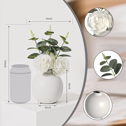 Artificial Flowers with Ceramic vase Set of 2, Combination of six White Roses and Greenery, Small Plant Potted Decor for Offices, Bookshelf, Bedroom, Living Room, Party, Wedding Decorations in Saudi Arabia