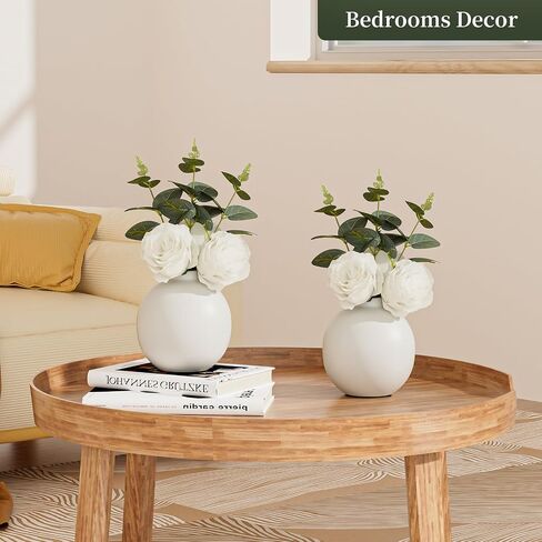 Artificial Flowers with Ceramic vase Set of 2, Combination of six White Roses and Greenery, Small Plant Potted Decor for Offices, Bookshelf, Bedroom, Living Room, Party, Wedding Decorations in Saudi Arabia