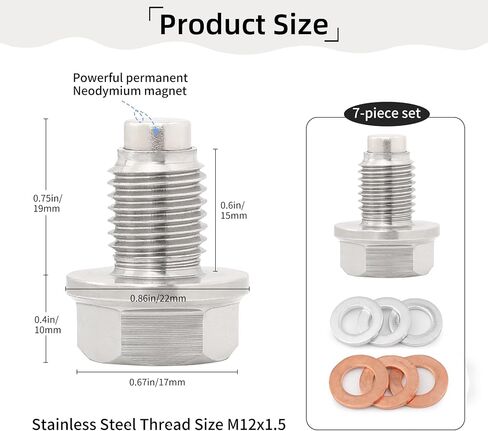M14 x 1.5 Magnetic Oil Drain Plug, Stainless Steel Engine Drain Bolt with 6Pcs Washers, Fits Honda Civic Accord CR-V, Ford GM Mazda Hyundai KIA Audi RAM Yamaha, Replaces DP001 in Kuwait