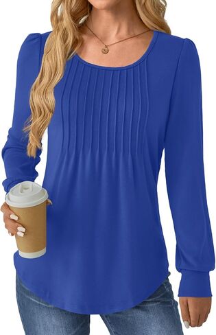 Women Long Sleeve Shirts Fall Tops Dressy Pleated Scooped Neck Tunic Tops for Leggings S-3XL in Saudi Arabia
