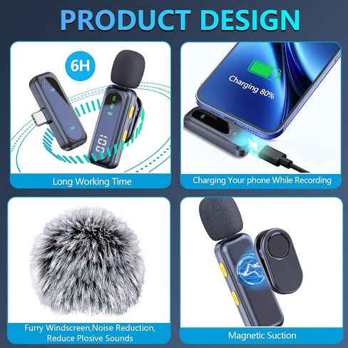 Ricchi 2 Pack Wireless Microphone USB C لـ iPhone 15-16 Android Phone ، النوع المحترف C Lavalier Microphone Mini Lapel Mic لتسجيل مقابلة البودكاست البودكب البود. in Kuwait