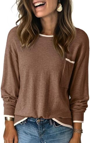 Dokotoo Womens Sweaters Casual Crewneck Long Sleeve Pullover Sweater Jumper Tops with Chest Pocket in Saudi Arabia