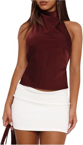 Soly Hux Women's Satin Halter Backless Crop Top Sexy Sexy Soffeless Tank Shirts Party Clubwear in Kuwait