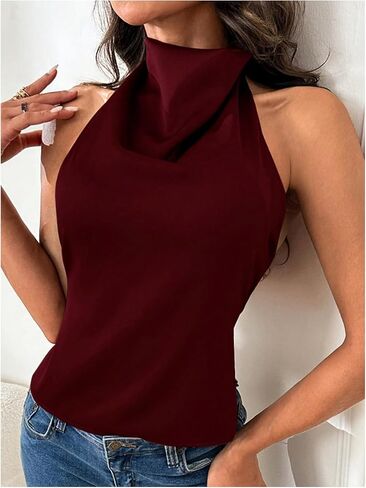 Soly Hux Women's Satin Halter Backless Crop Top Sexy Sexy Soffeless Tank Shirts Party Clubwear in Kuwait