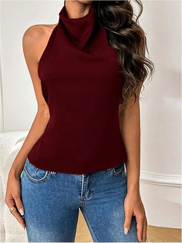 Soly Hux Women's Satin Halter Backless Crop Top Sexy Sexy Soffeless Tank Shirts Party Clubwear in Kuwait