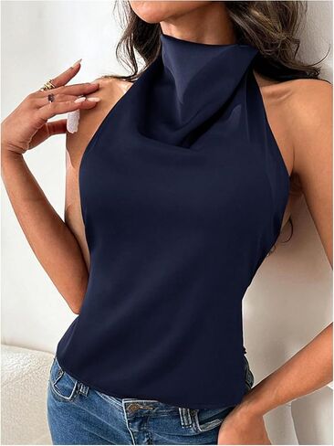 Soly Hux Women's Satin Halter Backless Crop Top Sexy Sexy Soffeless Tank Shirts Party Clubwear in Kuwait