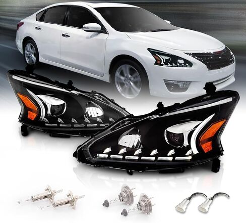 AmeriLite Projector Halogen Headlights LED Bar Style Set For 2013-2015 Nissan Altima 4 Door Sedan - Passenger and Driver Side, Vehicle Light Assembly, Black Housing in Saudi Arabia