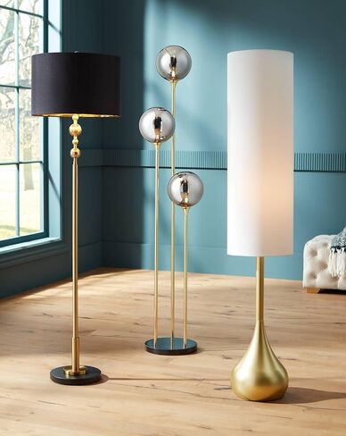Possini Euro Design Mid Century Modern Retro Floor Lamp Standing 62" Tall Dark Bronze Metal Droplet Off-White Cotton Cylinder Shade Decor for Living Room Reading House Bedroom Home in Saudi Arabia