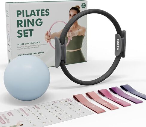 PAETA Pilates Ring Set – 14" Magic Circle (38 lbs Resistance), 9.8" Pilates Ball, 5 Resistance Bands, and Exercise Guide Included for Home Workouts in Kuwait