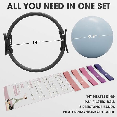 PAETA Pilates Ring Set – 14" Magic Circle (38 lbs Resistance), 9.8" Pilates Ball, 5 Resistance Bands, and Exercise Guide Included for Home Workouts in Kuwait