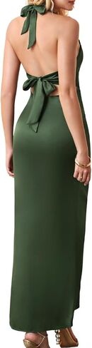 V Neck Dress for Women, Halter Backless, Wedding Guest Cocktail, Bow Open Back Semi Formal Sexy Flowy Maxi in Saudi Arabia