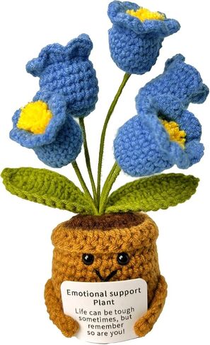 Inspirational Positive Crochet Plush Flowers,Emotional Support Knitted Pot with Positive Card,Handmade Knitted Wool Doll Present for Women Girls Mothers Wife Lovers（Purple Forget-Me-Not in Saudi Arabia