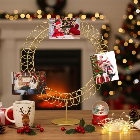 Metal Christmas Card Holder Wreath Xmas Card Display Spiral Photo Holder Decorative Tabletop Photo Rack Spiral Wreath for Holiday Party Picture Table Gift(Gold,Round) in Saudi Arabia