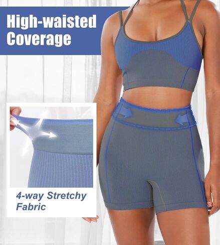 Striped Biker Shorts for Women 4" Seamless Stretchy High-Waisted Ribbed Workout Bottoms No Front for Yoga in Saudi Arabia
