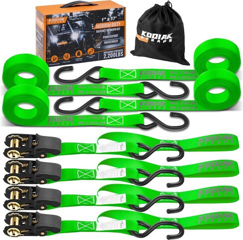 KODIAK STRAPS Ratchet Straps Heavy Duty Tie Down Strap Set 2200 Break Strength – 1" x 17' 4pk with Soft Loops Cargo Truck Bed Tie Downs – Coated Deep S-Hook & Carry Bag for Securing Cargo Black in Kuwait