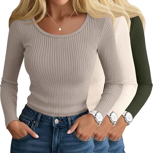 Ficerd 3 Pack Women's Long Sleeve T Cotton Scoop Neck Dibbbed Rebtbed Slim Fit Tops Disual 2025 Fall Trendy Basic Tee in Saudi Arabia