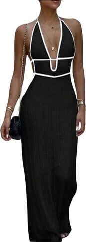 GORGLITTER Women's Deep V Halter Crochet Maxi Dress Backless Knit Bodycon Birthday Wedding Guest Long Dresses in Kuwait