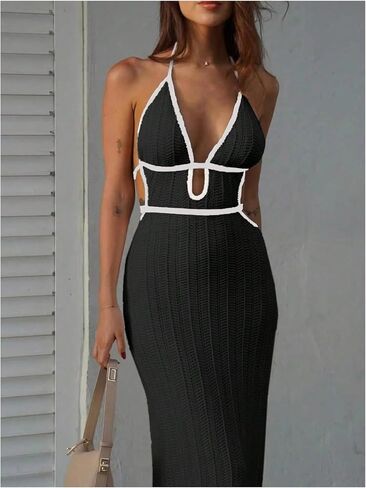 GORGLITTER Women's Deep V Halter Crochet Maxi Dress Backless Knit Bodycon Birthday Wedding Guest Long Dresses in Kuwait