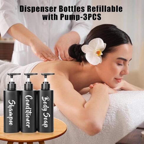 16.9oz Shampoo and Conditioner Dispenser, Refillable Shampoo Bottles with Pump, Empty Plastic Body Wash Dispensers for Bathroom, Printed Soap Bottle for Body and Conditioner (White, Set of 3) in Saudi Arabia
