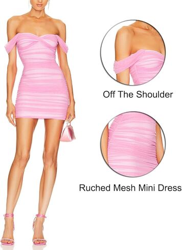ALENDA DANMOS Women Off The Shoulder Ruched Mesh Mini Dress Graduation Prom Bodycon Mesh Cocktail Party Short Dress 361 in Kuwait