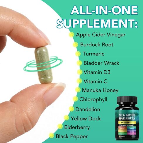 Sea Moss Gummies, Sea Moss 3000mg, Bladderwrack 2000mg, Ashwagandha 800mg, Burdock Root 400mg, Energy, Immune Support, 60 Vegan Gummies in Saudi Arabia