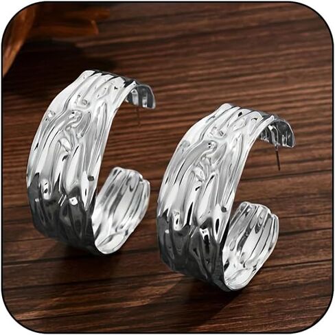 Statement Gold Hammered Wide Hoop Earrings for Women Trendy, Chunky Large Circle Big Huggie Drop Dangle Earring Unique Party Jewelry Accessories Gifts in Kuwait