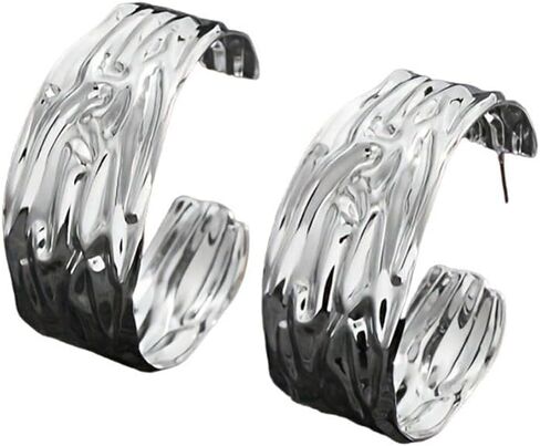 Statement Gold Hammered Wide Hoop Earrings for Women Trendy, Chunky Large Circle Big Huggie Drop Dangle Earring Unique Party Jewelry Accessories Gifts in Kuwait