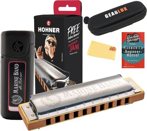 Hohner Marine Band 1896 Harmonica - Key of C Bundle with Case ، Pouch ، Oustin Bazaar Online Manual ، و Complision Cloth in Kuwait