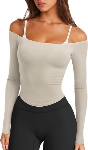 LASLULU Womens Sexy Off The Shoulder Long Sleeve Workout Tops Strapless T Shirts Crop Top Casual Fall Outfits in Kuwait