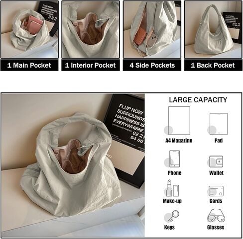 حقيبة يد مترهلة من النايلون الصلب مطوي حقائب كبيرة للنساء حقيبة كتف هلالية متعددة الجيوب in Kuwait