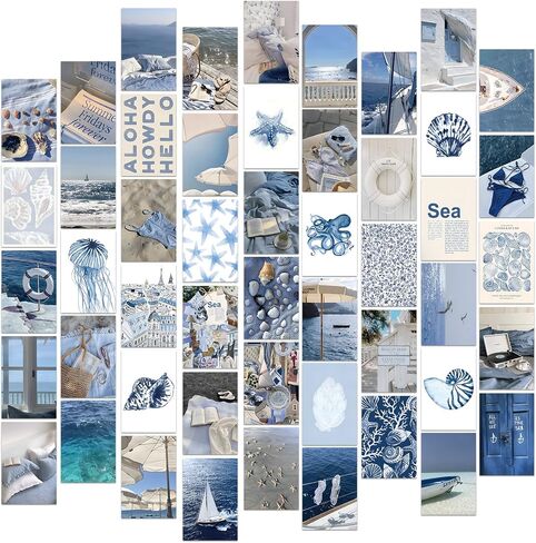 50Pcs Coastal Wall Collage Kit Pink Blue Coastal Beach Seashell Art Print Preppy Room Decor Aesthetic Pictures for Bedroom Wall Dorm Home Decor, 4 x 6 Inch in Saudi Arabia
