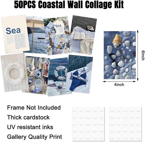50Pcs Coastal Wall Collage Kit Pink Blue Coastal Beach Seashell Art Print Preppy Room Decor Aesthetic Pictures for Bedroom Wall Dorm Home Decor, 4 x 6 Inch in Saudi Arabia
