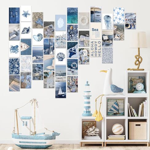 50Pcs Coastal Wall Collage Kit Pink Blue Coastal Beach Seashell Art Print Preppy Room Decor Aesthetic Pictures for Bedroom Wall Dorm Home Decor, 4 x 6 Inch in Saudi Arabia