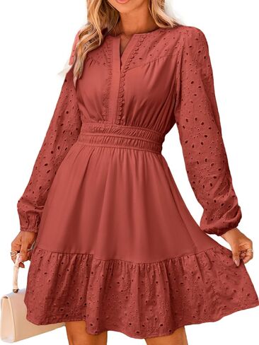 Simplee Womens Eyelet Long Sleeve Mini Dress 2025 Fall Boho Embroidery V Neck A Line Casual Short Party Dresses in Saudi Arabia