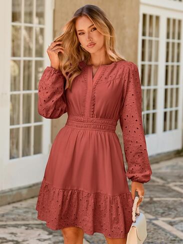 Simplee Womens Eyelet Long Sleeve Mini Dress 2025 Fall Boho Embroidery V Neck A Line Casual Short Party Dresses in Saudi Arabia