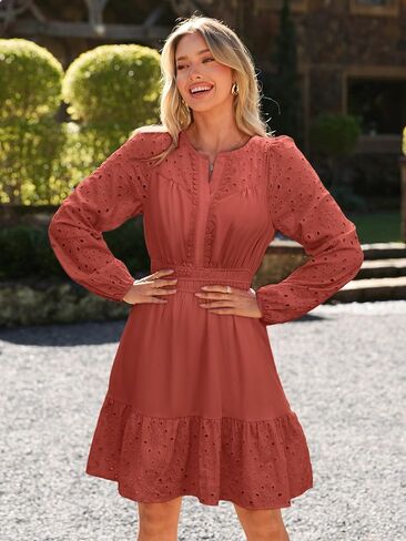 Simplee Womens Eyelet Long Sleeve Mini Dress 2025 Fall Boho Embroidery V Neck A Line Casual Short Party Dresses in Saudi Arabia