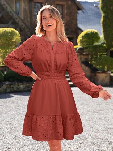 Simplee Womens Eyelet Long Sleeve Mini Dress 2025 Fall Boho Embroidery V Neck A Line Casual Short Party Dresses in Saudi Arabia