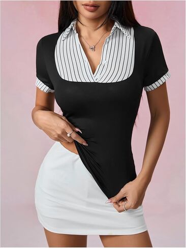 MakeMeChic Women's Fall Striped Blouse Short Sleeve 2 in 1 Collared Shirt Work Tops Teacher Outfits in Saudi Arabia