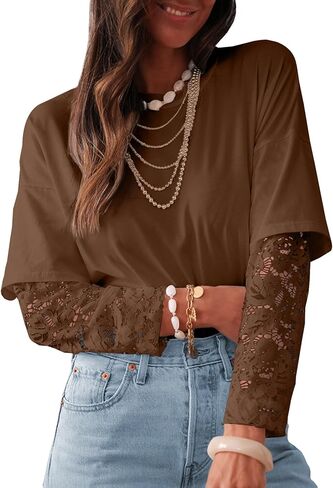 LOLONG T Shirts for Women Fall 2025 Long Sleeve Lace Patchwork Crew Neck Tops Casual Tees in Kuwait
