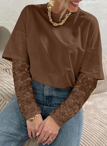 LOLONG T Shirts for Women Fall 2025 Long Sleeve Lace Patchwork Crew Neck Tops Casual Tees in Kuwait