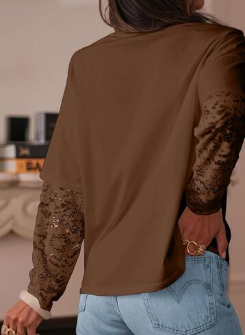 LOLONG T Shirts for Women Fall 2025 Long Sleeve Lace Patchwork Crew Neck Tops Casual Tees in Kuwait