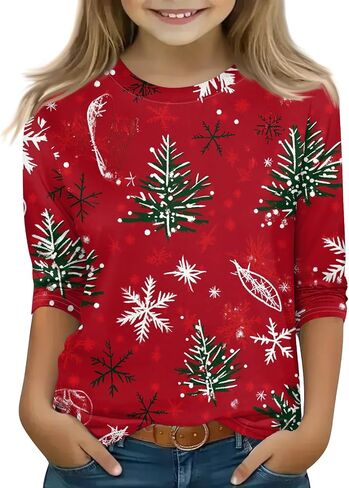 Christmas Shirts for Girls Funny Holiday 3/4 Sleeve Cute Shirts 3/4 Length Sleeve Crew Neck Tops Loose Holiday Blouses in Saudi Arabia