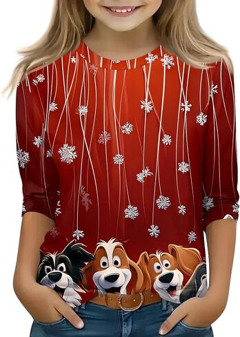 Christmas Shirts for Girls Funny Holiday 3/4 Sleeve Cute Shirts 3/4 Length Sleeve Crew Neck Tops Loose Holiday Blouses in Kuwait