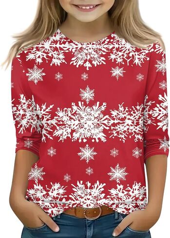 Christmas Shirts for Girls Funny Holiday 3/4 Sleeve Cute Shirts 3/4 Length Sleeve Crew Neck Tops Loose Holiday Blouses in Kuwait