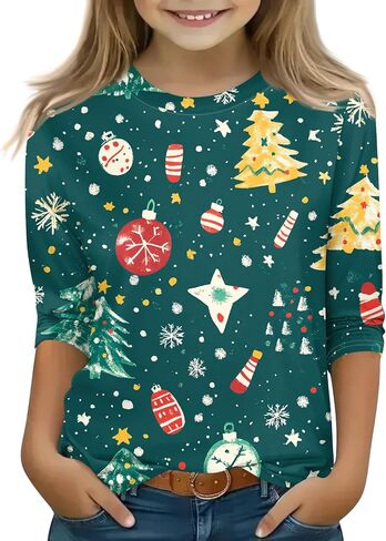 Christmas Shirts for Girls Funny Holiday 3/4 Sleeve Cute Shirts 3/4 Length Sleeve Crew Neck Tops Loose Holiday Blouses in Kuwait
