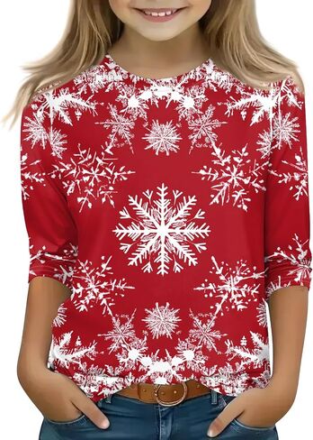 Christmas Shirts for Girls Funny Holiday 3/4 Sleeve Cute Shirts 3/4 Length Sleeve Crew Neck Tops Loose Holiday Blouses in Kuwait