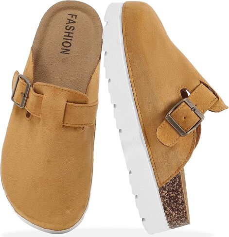 Suede Platform Clogs for Women, Memory Foam Mules Arch Support Cork Footbed, Platform Sandals with Adjustable Buckle Casual Potato Shoes Beige in Saudi Arabia