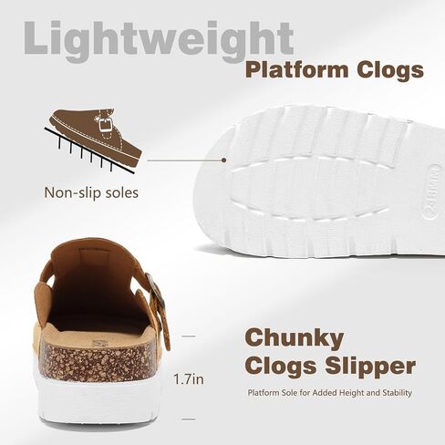 Suede Platform Clogs for Women, Memory Foam Mules Arch Support Cork Footbed, Platform Sandals with Adjustable Buckle Casual Potato Shoes Beige in Saudi Arabia